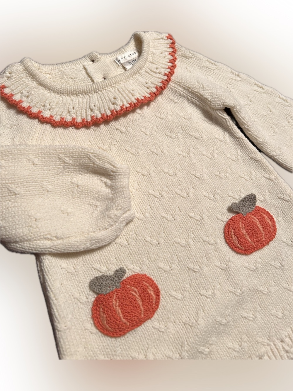 Max Studio Baby Cream Knit Cottagecore Fall Dress Orange Pumpkin Pockets 3-6m - Picture 2 of 8